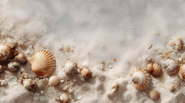 A sandy beach themed background with scattered seashells long title A peaceful beach themed backdrop featuring an assortment of natural seashells