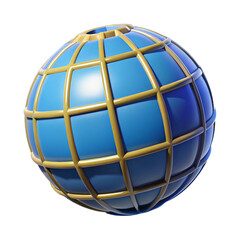 Shiny blue globe with golden grid lines isolated on transparent background