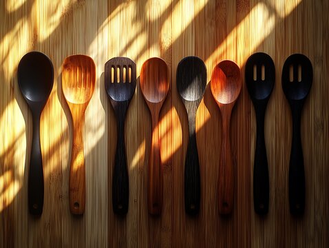 Culinary Harmony: An Array of Wooden Cooking Spoons Bathed in Sunlight and Shadows