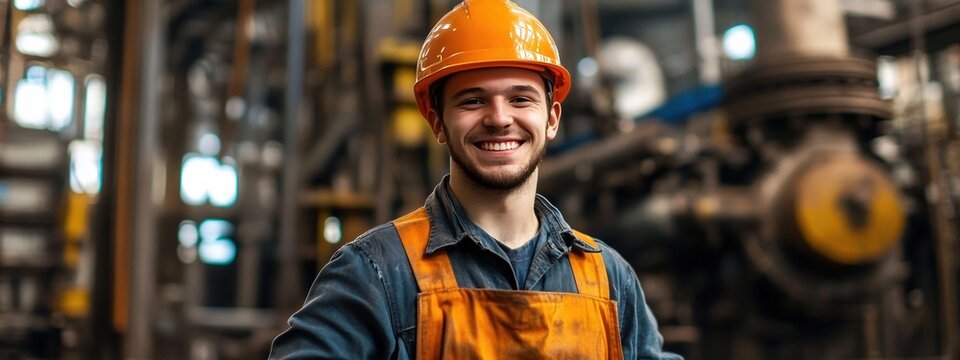 Confident young man in factory setting, wearing orange hard hat Proud Boilermaker Smiling Confidently