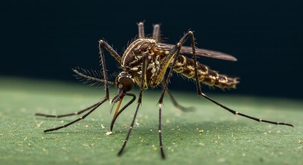 Mosquito on leaf with closeup macro shot.