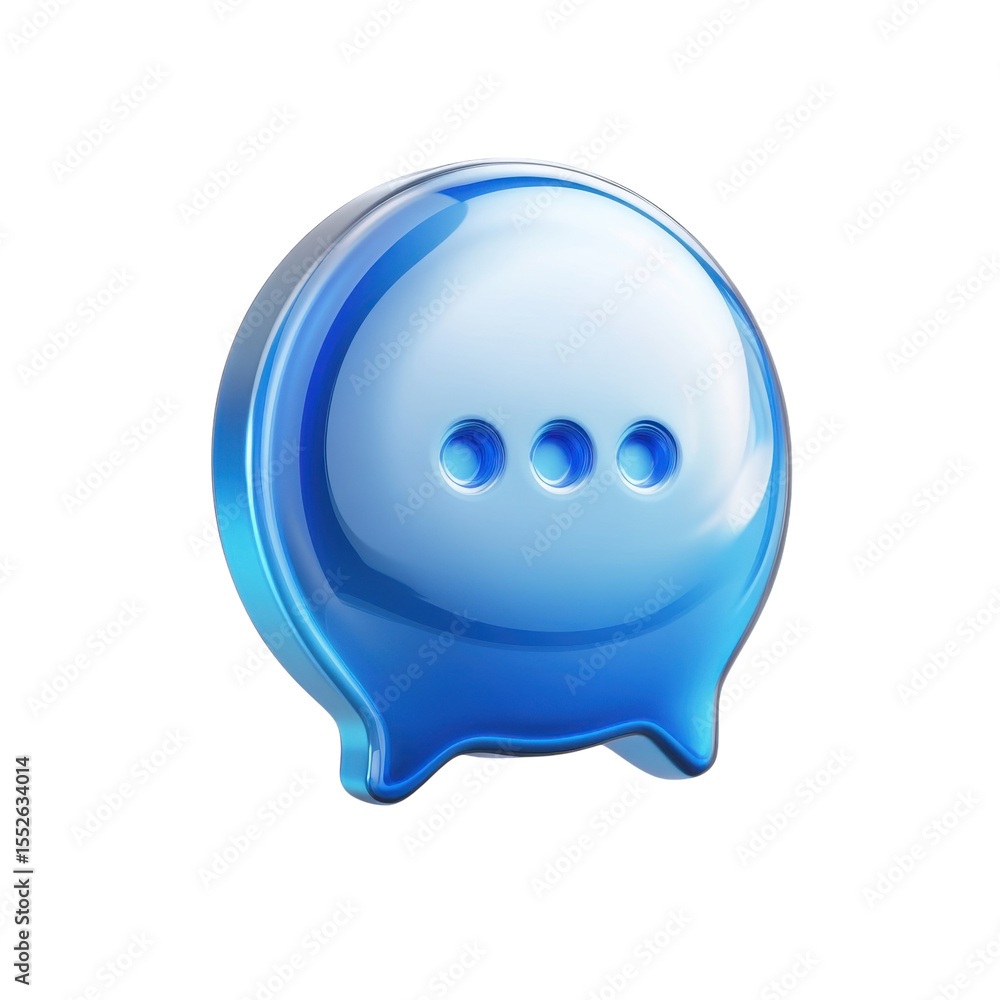 Poster glossy blue speech bubble icon with three dots communication chat symbol on transparent background