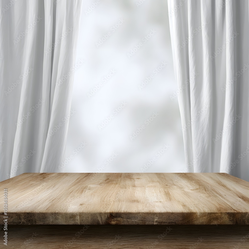 Poster wooden table with empty surface in front of white curtain backdrop
