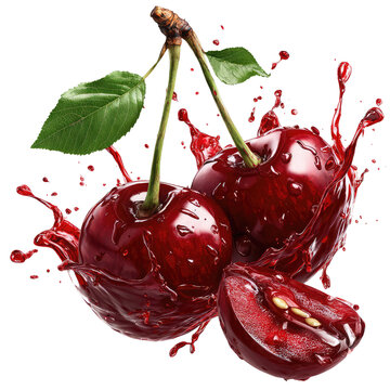 Sliced Pieces of Ripe Red Cherries in a Splash of Cherry Juice with Transparent Background

