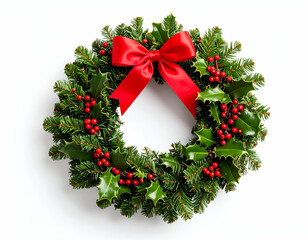 Christmas Wreath Festive Holly, Berries, and Red Bow Decoration