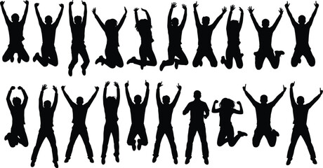 Jumping people silhouette, active group vector, happy man and woman pose, celebration energy motion, fun excitement youth freedom