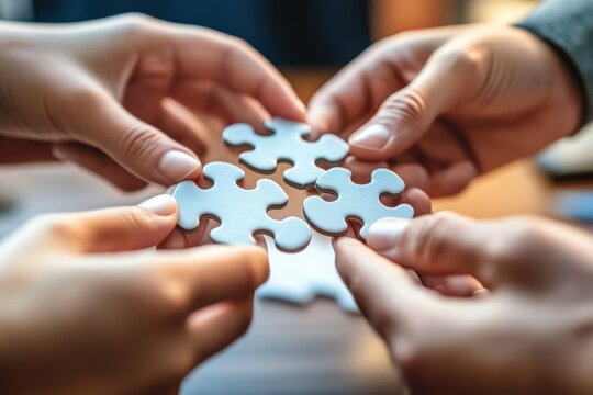 Close-up of hands merging puzzle parts, corporate alliance concept
