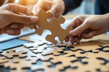 Close-up of business hands joining puzzle pieces on office table, modern workspace