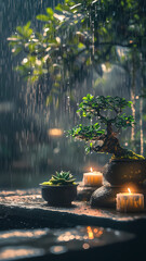 A serene scene of small bonsai trees, potted succulents, and candles on rock decor in the rain, with water droplets creating an ethereal atmosphere. The background is blurred to emphasize these 