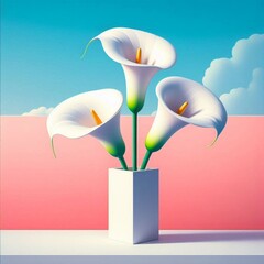 Three white calla lilies in a white vase, with a pink and red background against a blue sky