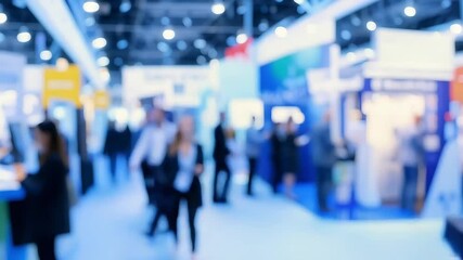 Blurred motion of people walking through a vibrant trade show or business exhibition, representing networking and professional gatherings.
  - Powered by Adobe