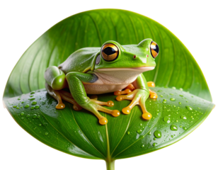 Realistic Tree Frog Sitting on Leaf with Dew Drops, Front View, Isolated on Transparent Background