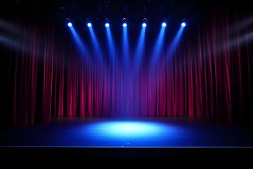 Dark Stage with Crimson Curtains and Blue Spotlights: Dramatic Theater Setting