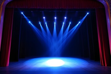 Dramatic Stage Lighting: Blue Spotlights on Empty Theater Stage with Red Curtains, Dark Moody Atmosphere.