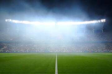 Night stadium, soccer field, dramatic lighting, hazy atmosphere, empty, anticipation.
