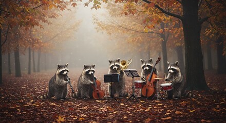 Raccoons Band Playing in Autumn Forest.