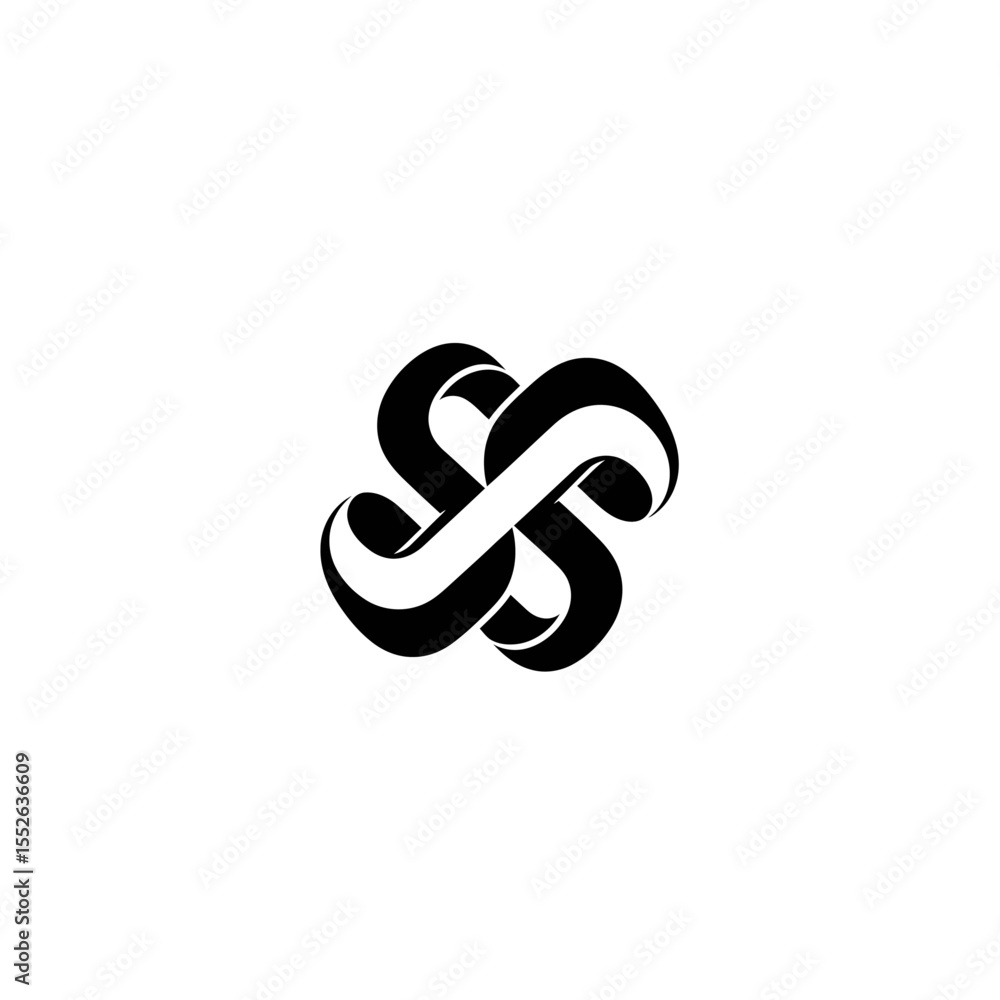 Poster a black and white graphic design featuring an abstract interwoven shape with curved and overlapping 