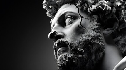 Cracked marble bust close up showcasing dramatic lighting and textured surface
