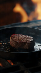 delicious steak meat rising from a hot frying pan, with a background of grill fire, cinematic, professional food, ultra realistic