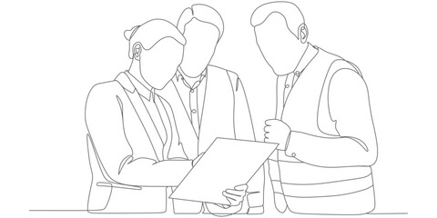 Construction Team Reviewing Plans – Minimalist Continuous‑Line Collaboration Illustration