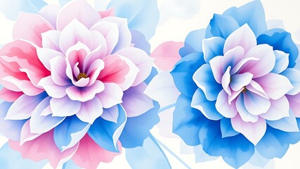 Watercolor floral illustration of pink and blue flowers on white background