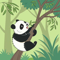 Cute Panda Cub Chewing Bamboo Leaves in Forest – High Resolution Image
