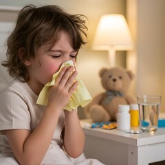 Sick child blowing nose at home.
