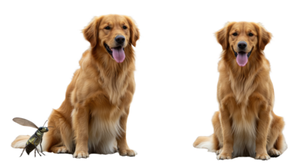 Two Golden Retrievers Sitting Insect Near One.