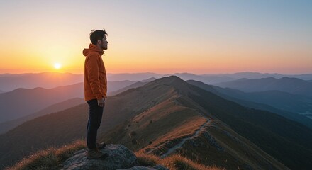 Fototapeta premium Person contemplating sunrise over mountain range