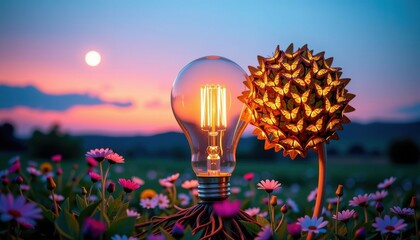 Artistic conceptual photograph of a glowing light bulb and a decorative spiked sphere sitting on a bed of pink flowers against a colorful sunset sky with a full moon