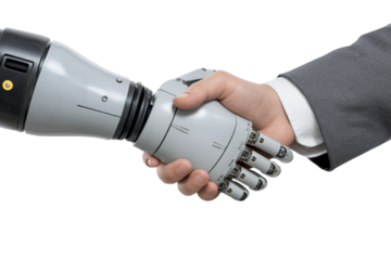 Human hand shaking a robotic hand, symbolizing collaboration, innovation, and the future of technology.