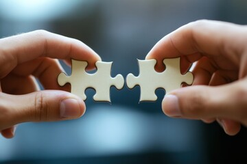 Businessman&acirc;&euro;&trade;s hands aligning two puzzle pieces, symbolizing corporate merger