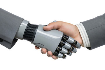Human hand shaking a robotic hand, symbolizing collaboration, innovation, and the future of...