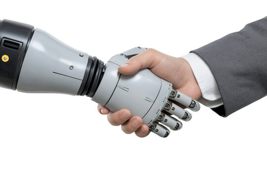 Human hand shaking a robotic hand, symbolizing collaboration, innovation, and the future of technology.