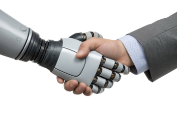 Human hand shaking a robotic hand, symbolizing collaboration, innovation, and the future of technology.