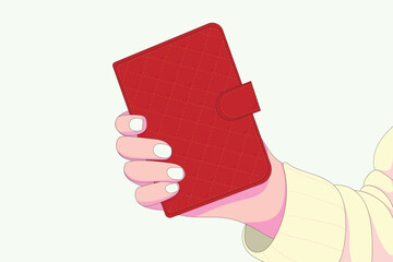 Flat vector of female hand holding red wallet. Simple and stylish element for finance, payment, and shopping concepts. Useful for apps, web UI, infographics, or financial illustrations.