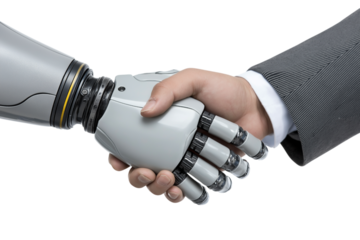 Human hand shaking a robotic hand, symbolizing collaboration, innovation, and the future of technology.