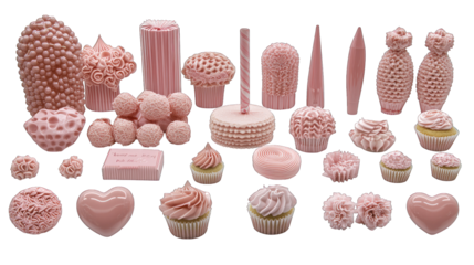 Pink food items, various shapes, sizes, textured surfaces