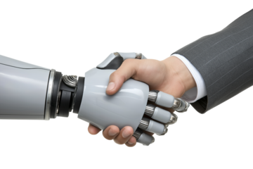 Human hand shaking a robotic hand, symbolizing collaboration, innovation, and the future of technology.