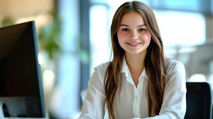 Fototapeta premium Happy and Confident Young Woman with Long Brown Hair Sitting Cheerful Business Professional Manages Office