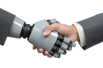 Human hand shaking a robotic hand, symbolizing collaboration, innovation, and the future of technology.