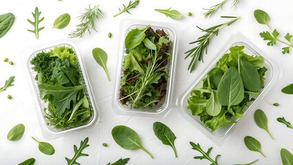Obraz premium organic salad ingredients minimalist Eco-friendly packaging concept Fresh herbs packed in clear containers, surrounded by scattered leaves on a white surface.