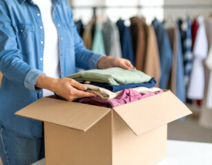 Community Clothing Donation Sorting and Organizing Donated Clothes in a Cardboard Box