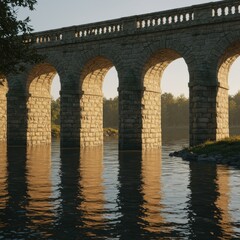 Majestic Stone Bridge Reflected in Calm Water at Sunrise