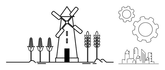 Windmill among crops, gears symbolizing progress, urban skyline in distance. Ideal for sustainability, energy, agriculture, industry, innovation, development simple landing page
