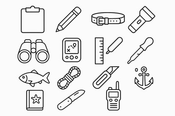 Vector icons of camping: flashlight, compass, anchor, fishing, knife, rope