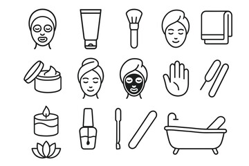 Skincare and spa icon set including face masks and beauty tools
