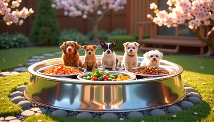 Adorable puppies gathered around a large stainless steel dog bowl filled with fresh food in a colorful outdoor garden with blooming cherry blossoms and lush green grass