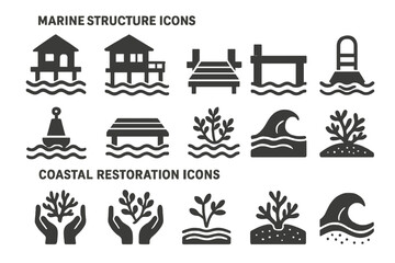 Marine structure and coastal restoration icons for environmental design projects
