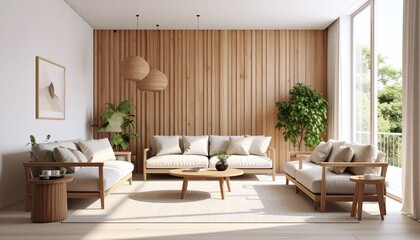 Fototapeta premium Bright Minimalist Living Room with Wooden Wall and Beige Sofa